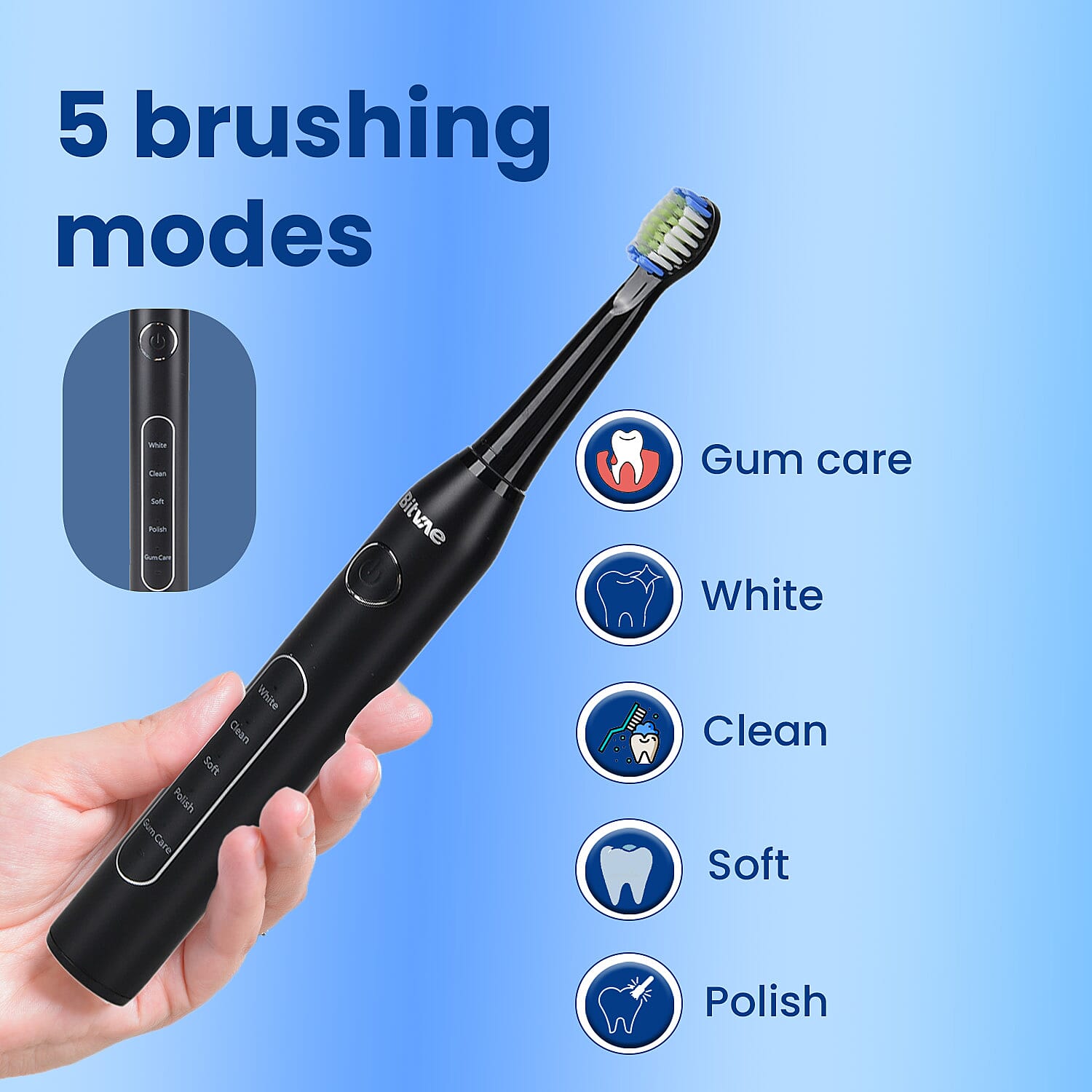 Bitvae Sonic Electirc Toothbrush With 8 Heads - Travel Case, 5 Brushing Modes - Smart Timer - Black