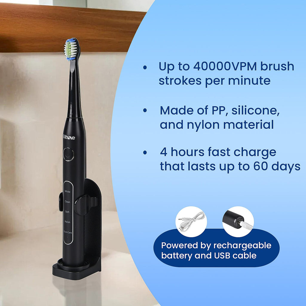 Bitvae Sonic Electirc Toothbrush With 8 Heads - Travel Case, 5 Brushing Modes - Smart Timer - Black