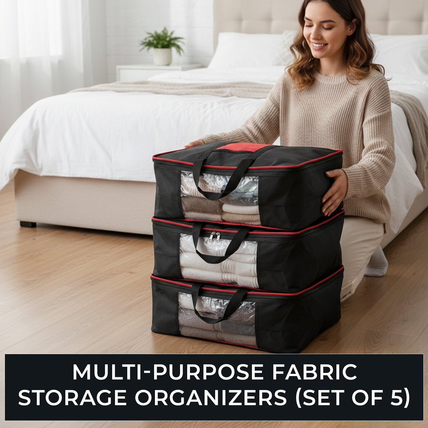 Set of 5 Non-Woven Fabric Storage Bag With Front Pocket - Black_7799683_2