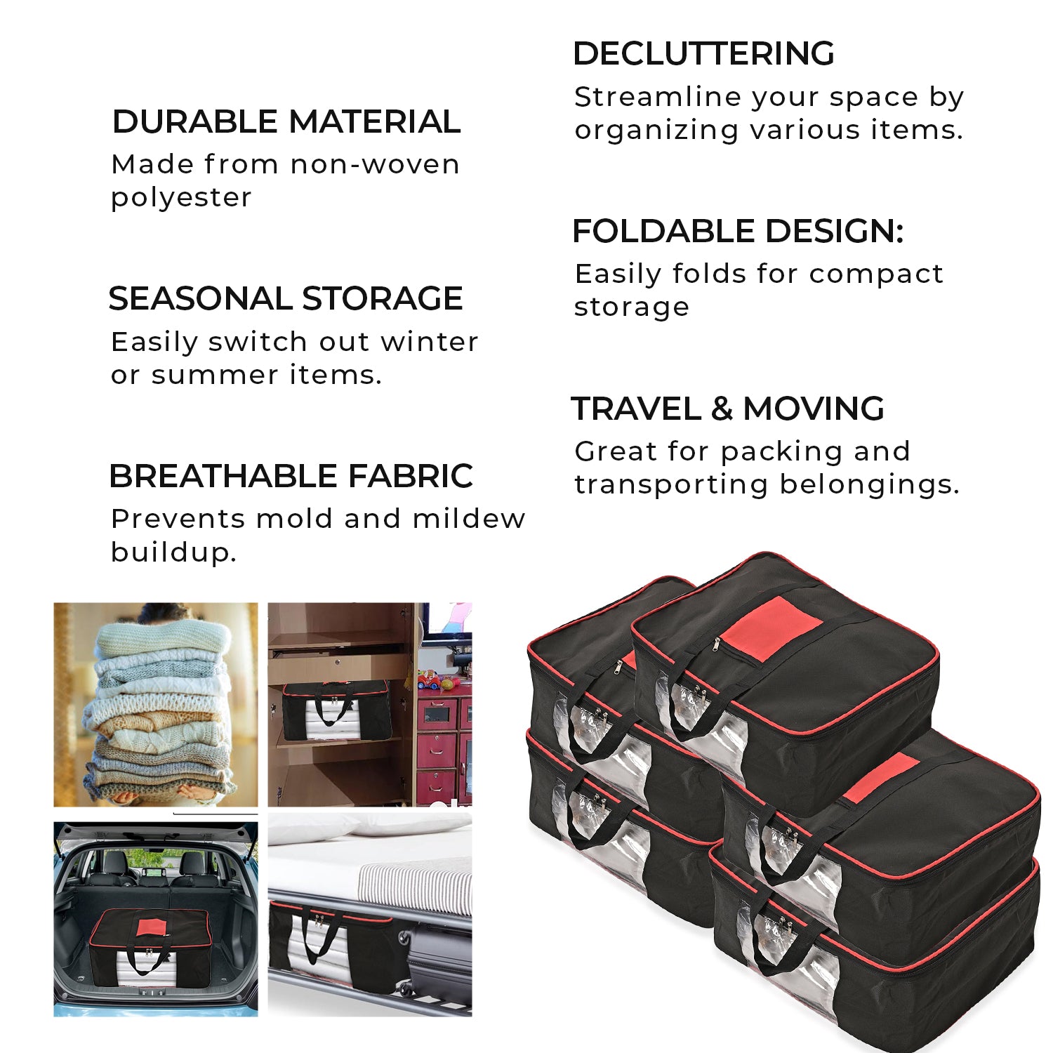 Set of 5 Non-Woven Fabric Storage Bag With Front Pocket - Black_7799683_3