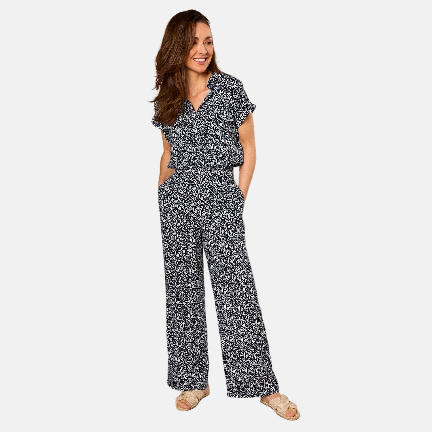 Emreco 100% Viscose Wide Leg Print Trouser (Size 20) - Navy_7805684_3