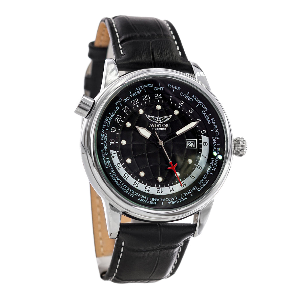 Aviator Analogue Quartz Movt. F Series World Cities Mens Luxury Watch with Date and world timer  in Genuine Leather Strap, 10ATM (100 metres) - Black_7807093_1
