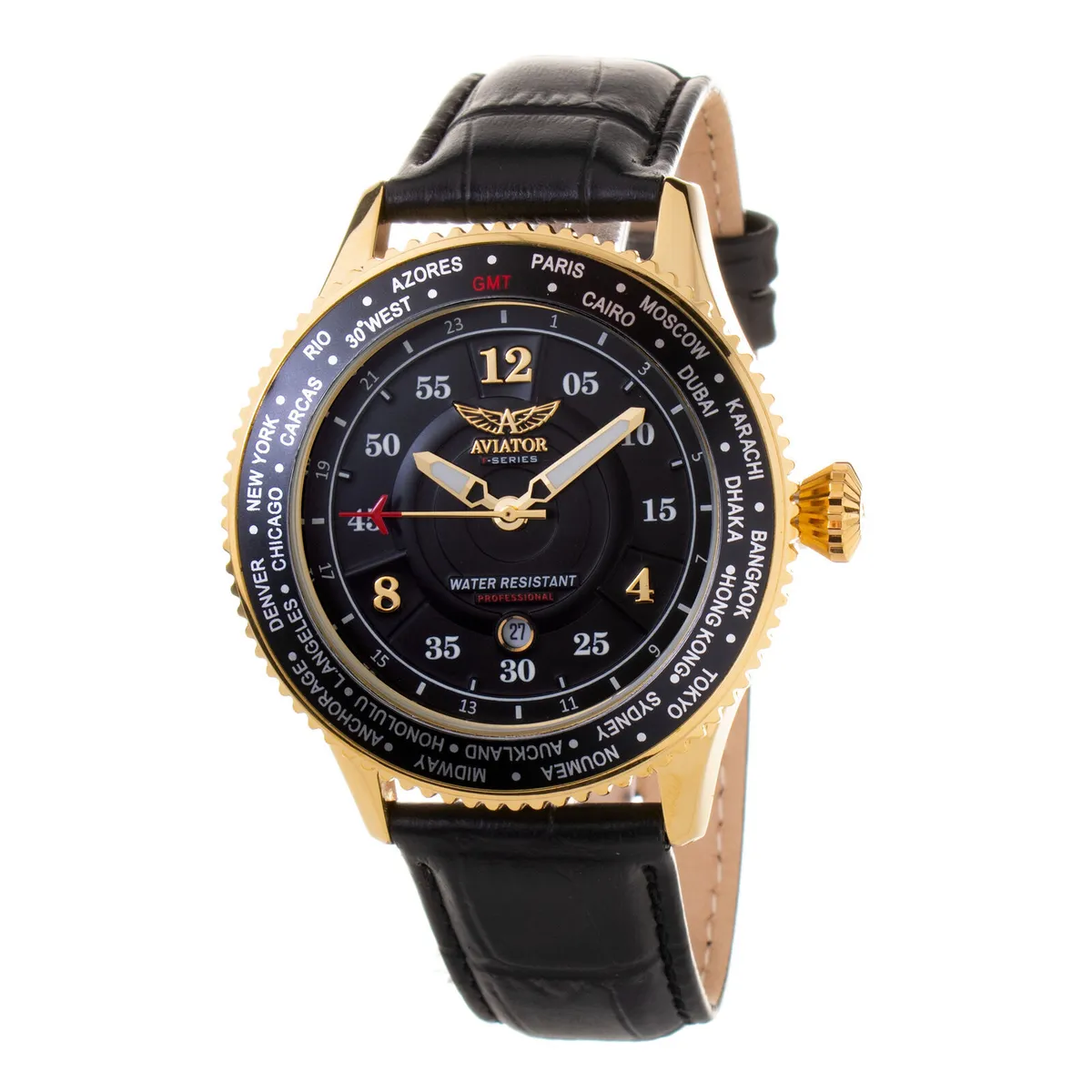 Aviator Analogue Quartz Movt. F Series World Cities Mens Luxury Watch with Date and world timer  in Genuine Leather Strap, 10ATM (100 metres) - Black_7807093