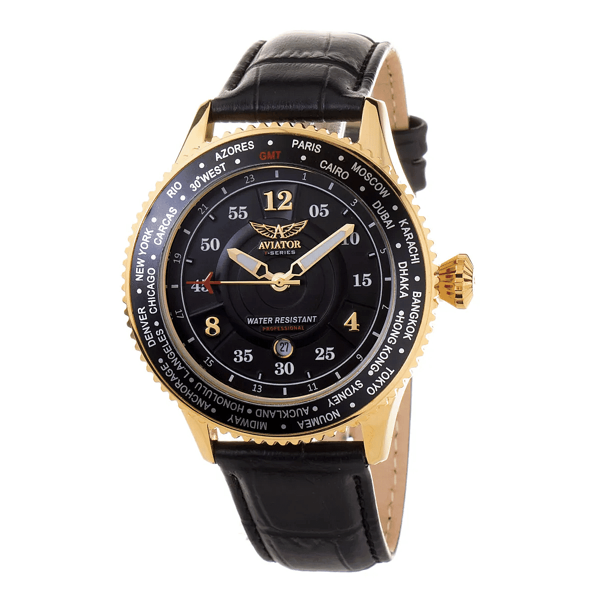 AVIATOR F Series World Timer 10 ATM Water Resistant Mens Pilot Watch with Black Leather Strap