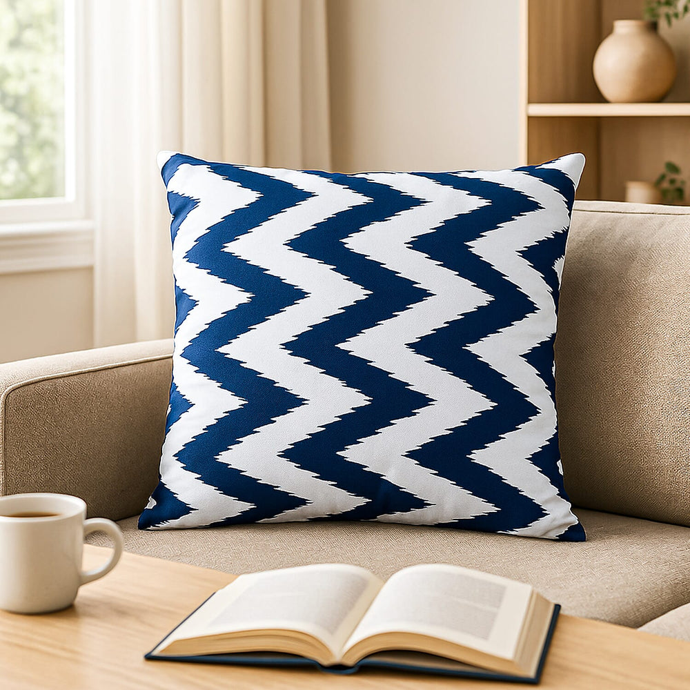 Summer Zig Zag Navy Printed Water Repellent Outdoor Cushion-Bed Linen-Dark Blue