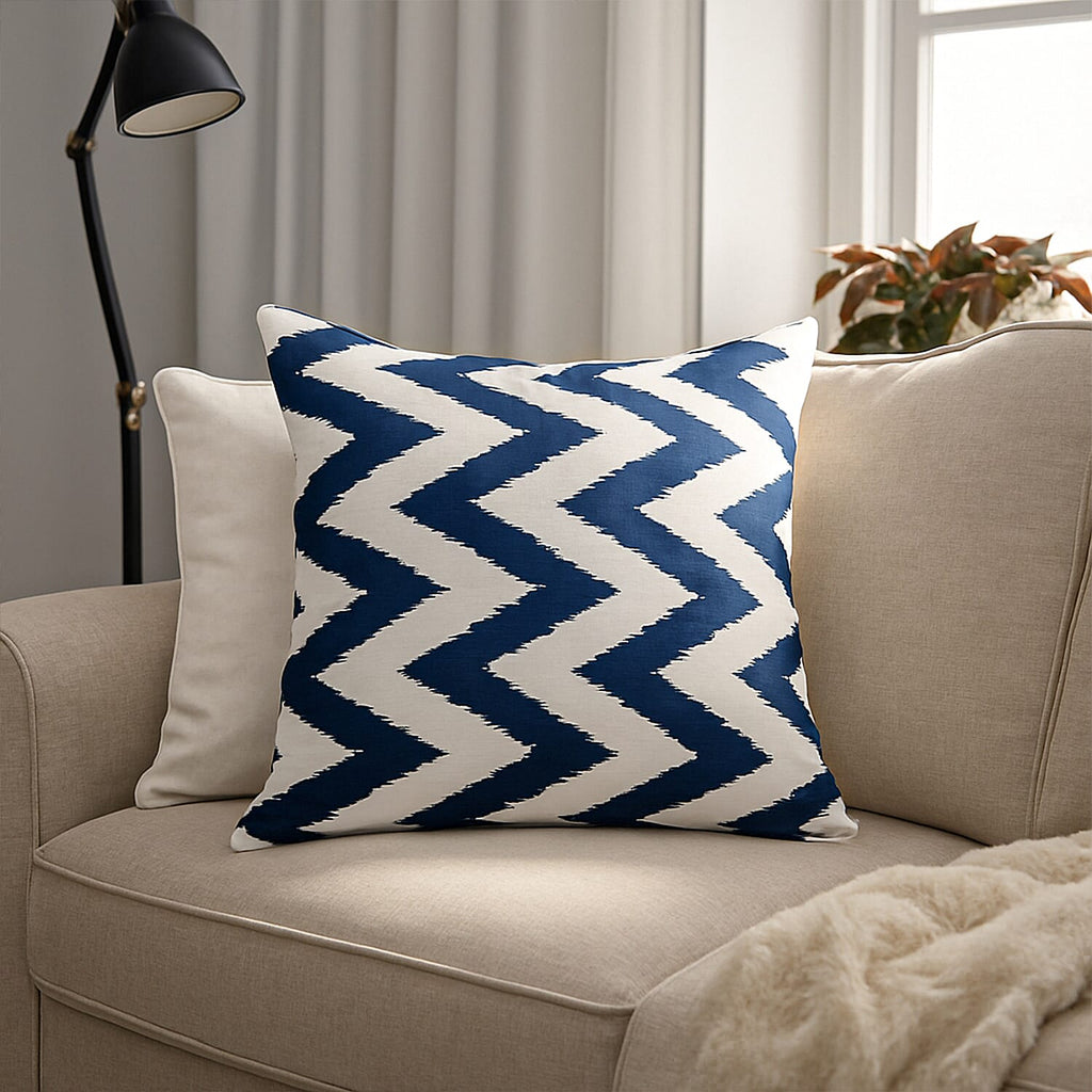 Summer Zig Zag Navy Printed Water Repellent Outdoor Cushion-Bed Linen-Dark Blue