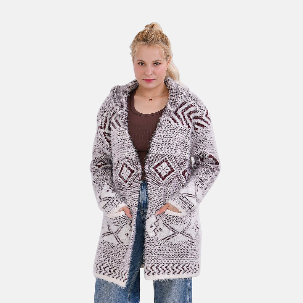 Tamsy Cozy Winter Coatigan with Hoodie (Size 8 to 20) - White & Maroon