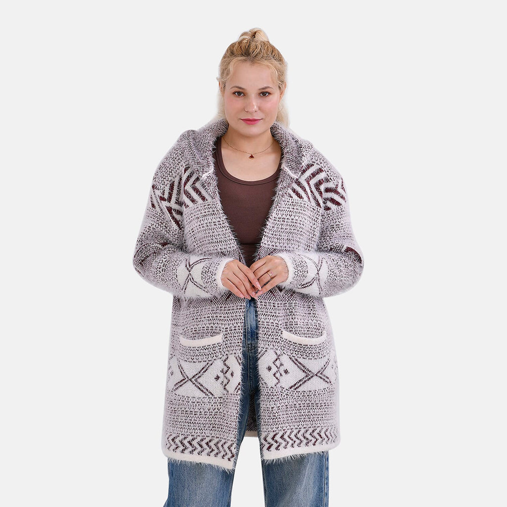 Tamsy Cozy Winter Coatigan with Hoodie (Size 8 to 20) - White & Maroon
