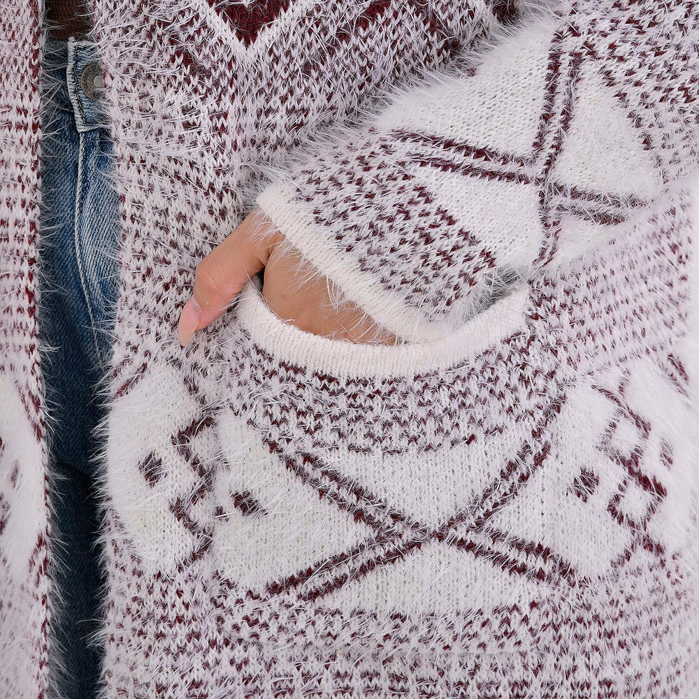 Tamsy Cozy Winter Coatigan with Hoodie (Size 8 to 20) - White & Maroon