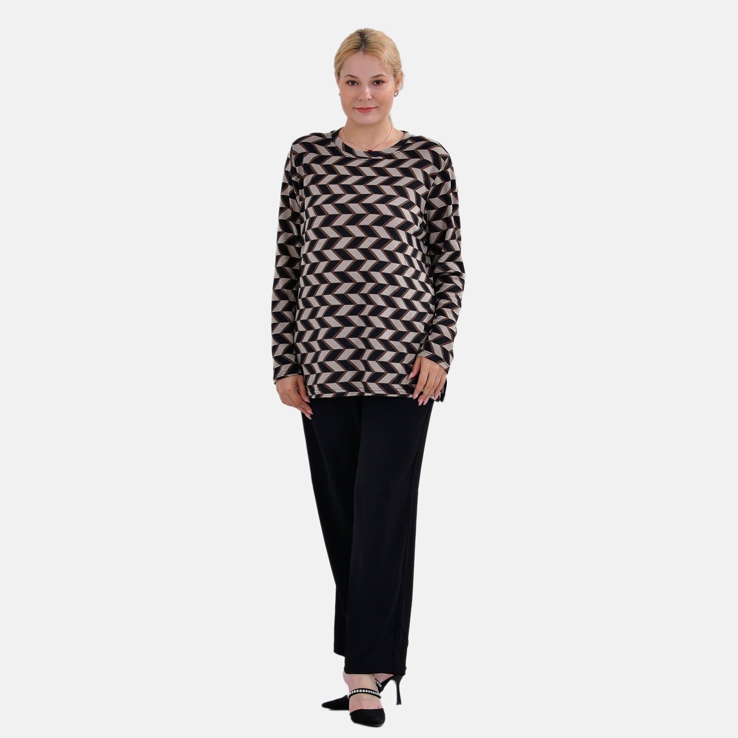 La Marey  (Pattern) Full Sleeve Jersey Tops with Printed Stripes- Brown_7816670