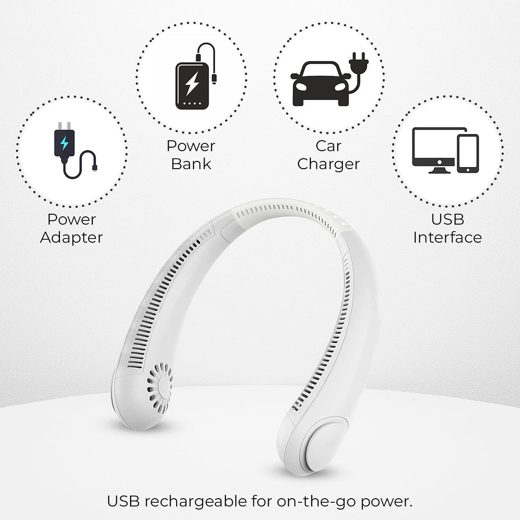 Cooling Neck Fan - USB Rechargeable Portable - White
