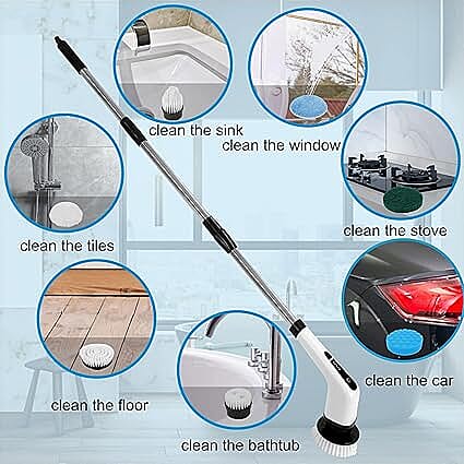 7-in-1 Rechargeable Power Cleaning Brush - Bathrooms, Showers, Kitchens, Cars, Stainless Steel, Glass - White