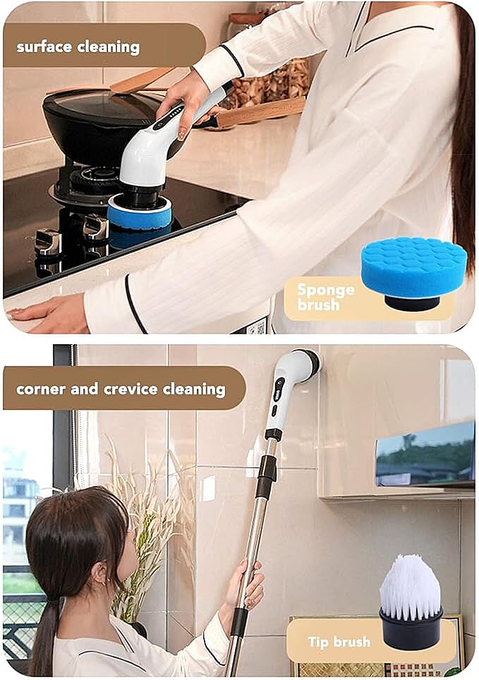 7-in-1 Rechargeable Power Cleaning Brush - Bathrooms, Showers, Kitchens, Cars, Stainless Steel, Glass - White