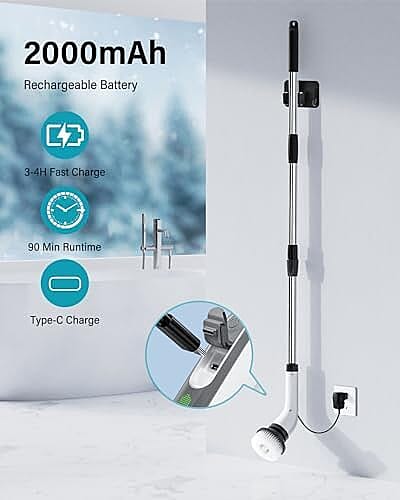 7-in-1 Rechargeable Power Cleaning Brush - Bathrooms, Showers, Kitchens, Cars, Stainless Steel, Glass - White