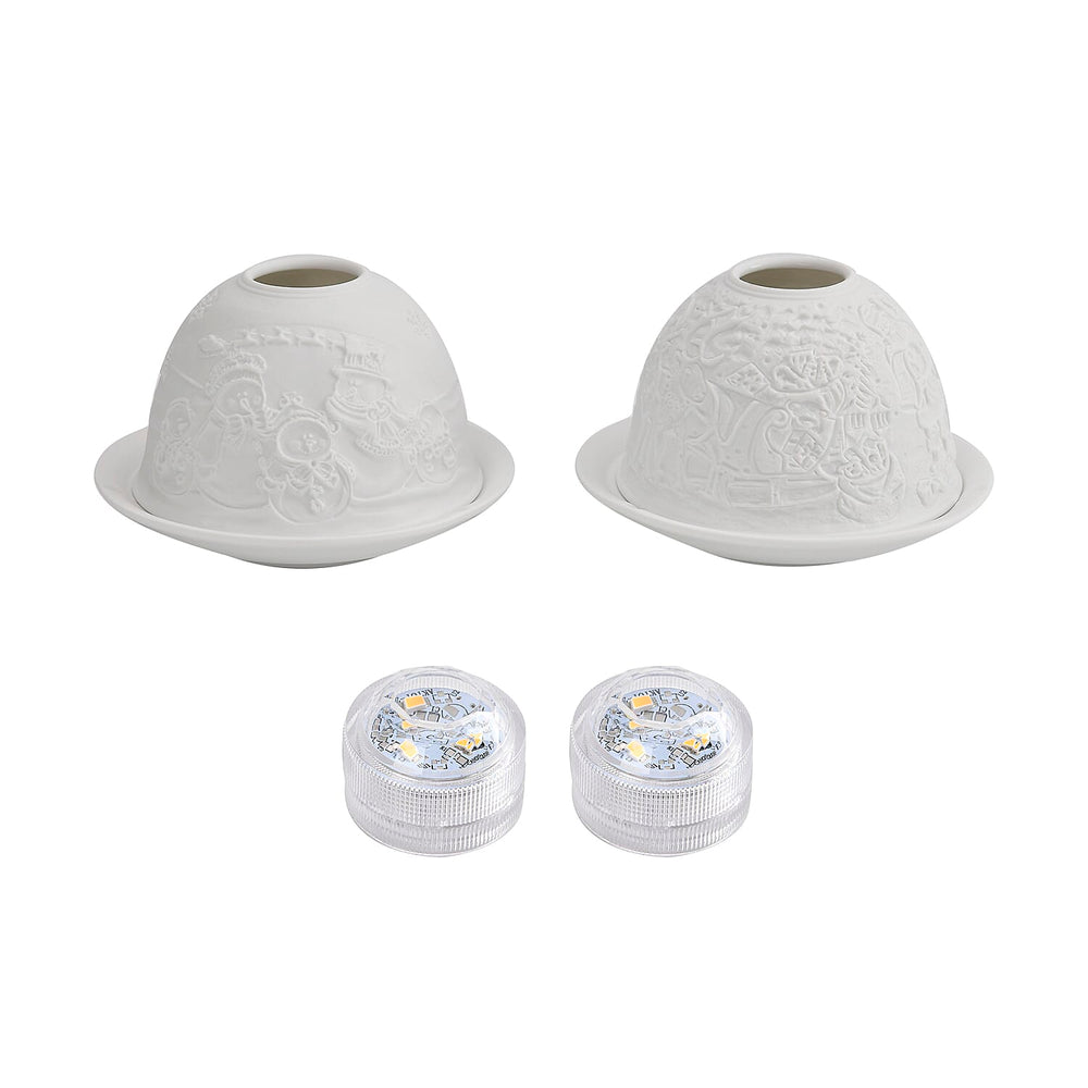 Set of 2 Snowmen Pattern Porcelain Candle Holder With LED Light - White