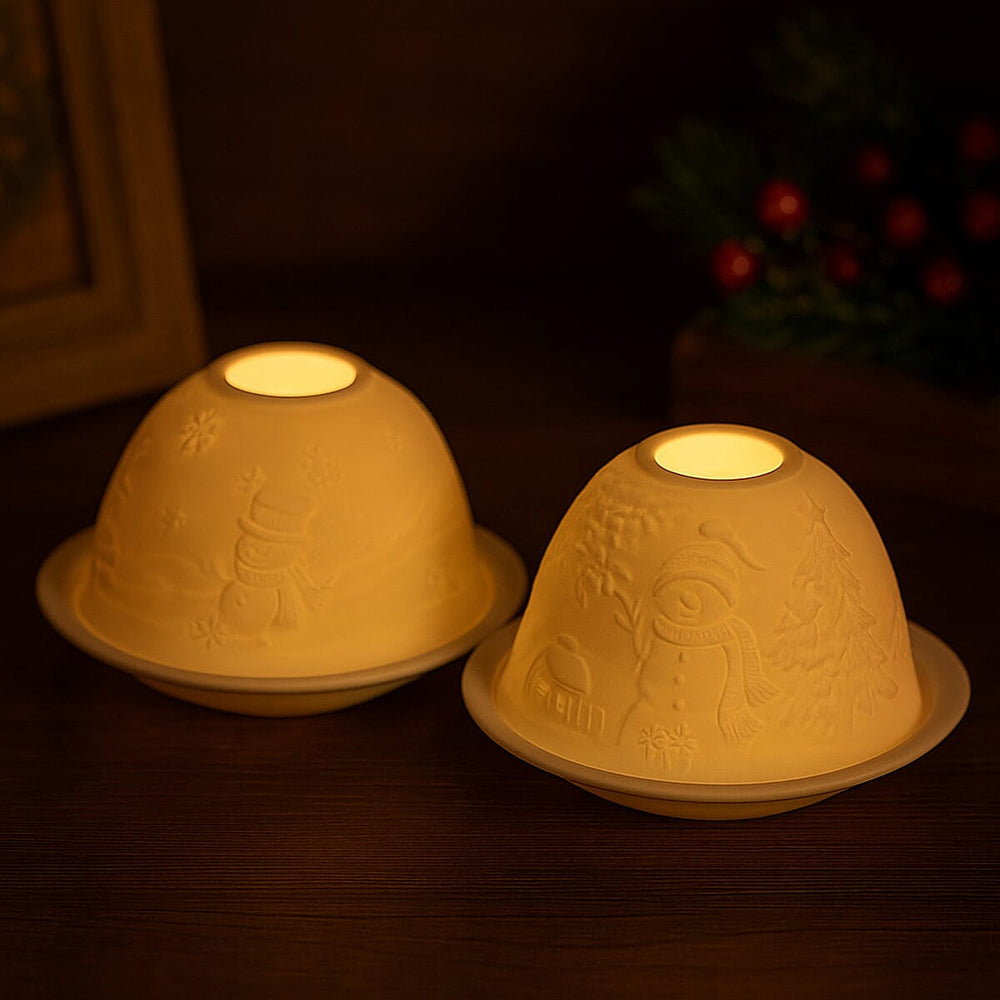 Set of 2 Snowmen Pattern Porcelain Candle Holder With LED Light - White
