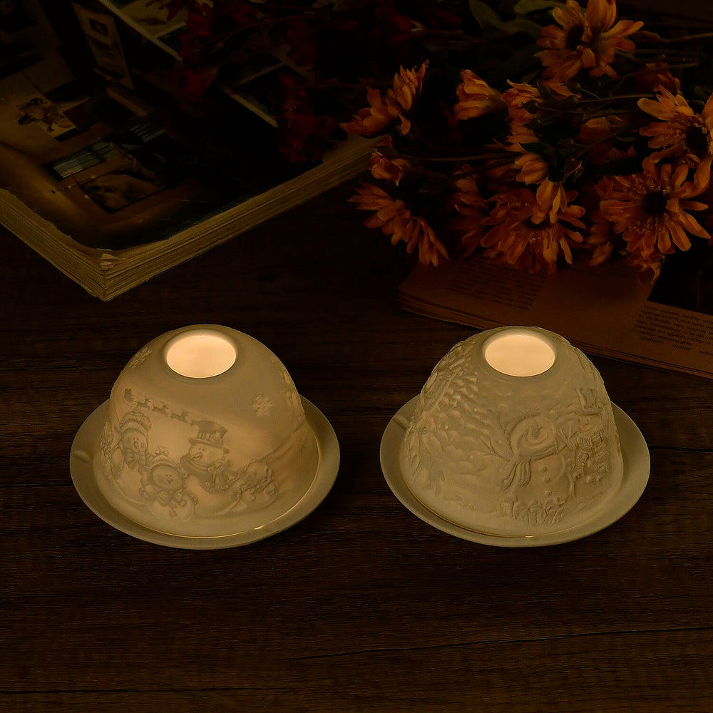 Set of 2 Snowmen Pattern Porcelain Candle Holder With LED Light - White