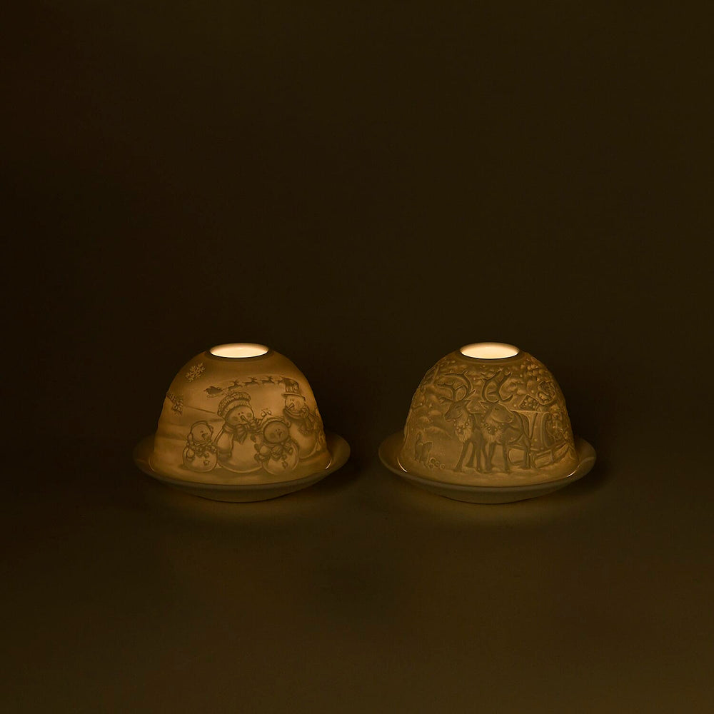 Set of 2 Snowmen Pattern Porcelain Candle Holder With LED Light - White