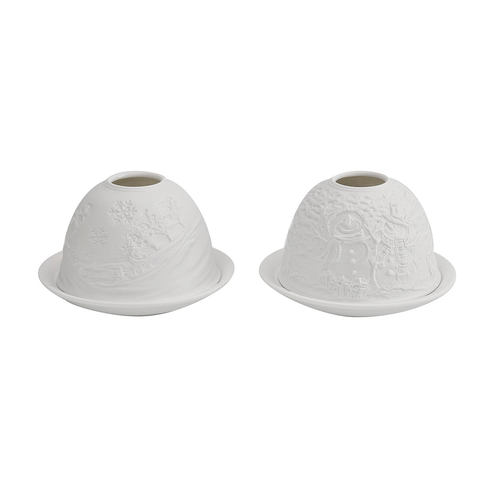 Set of 2 Snowmen Pattern Porcelain Candle Holder With LED Light - White
