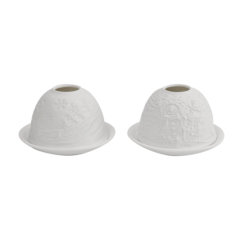 Set of 2 Snowmen Pattern Porcelain Candle Holder With LED Light - White