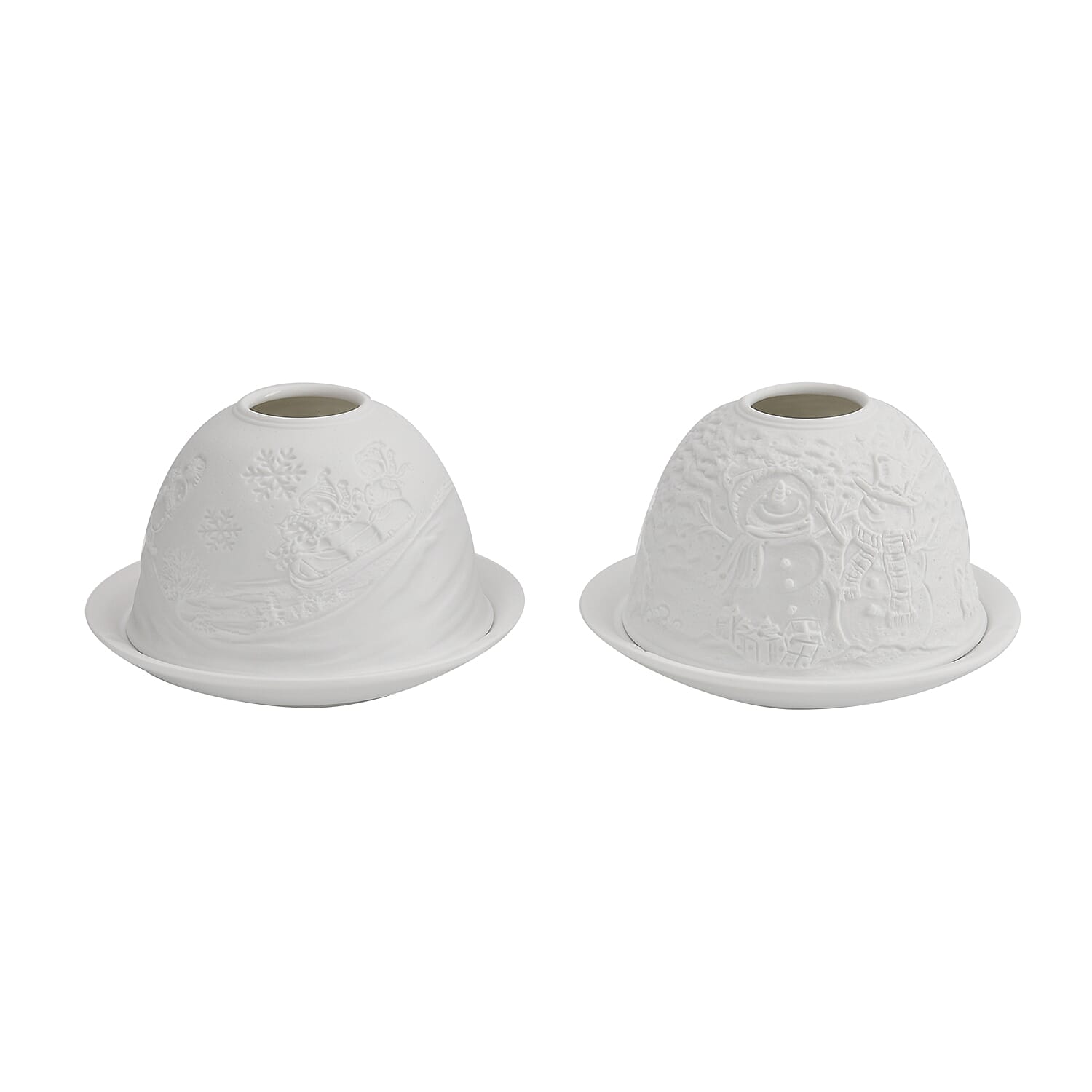 Set of 2 Snowmen Pattern Porcelain Candle Holder With LED Light - White