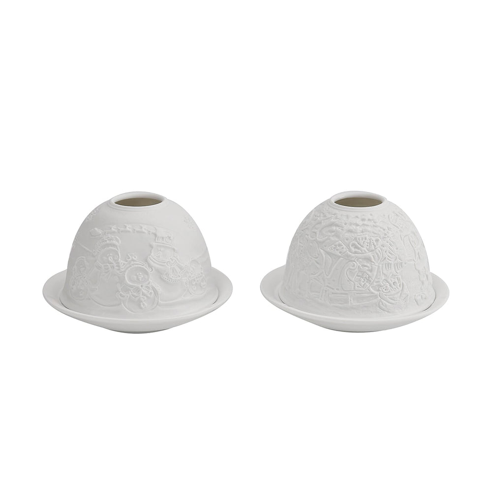 Set of 2 Snowmen Pattern Porcelain Candle Holder With LED Light - White