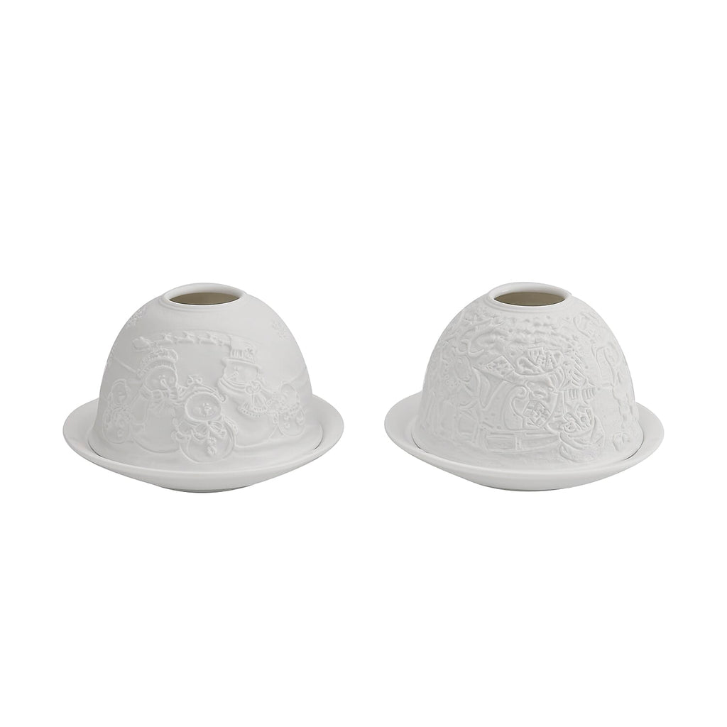 Set of 2 Snowmen Pattern Porcelain Candle Holder With LED Light - White