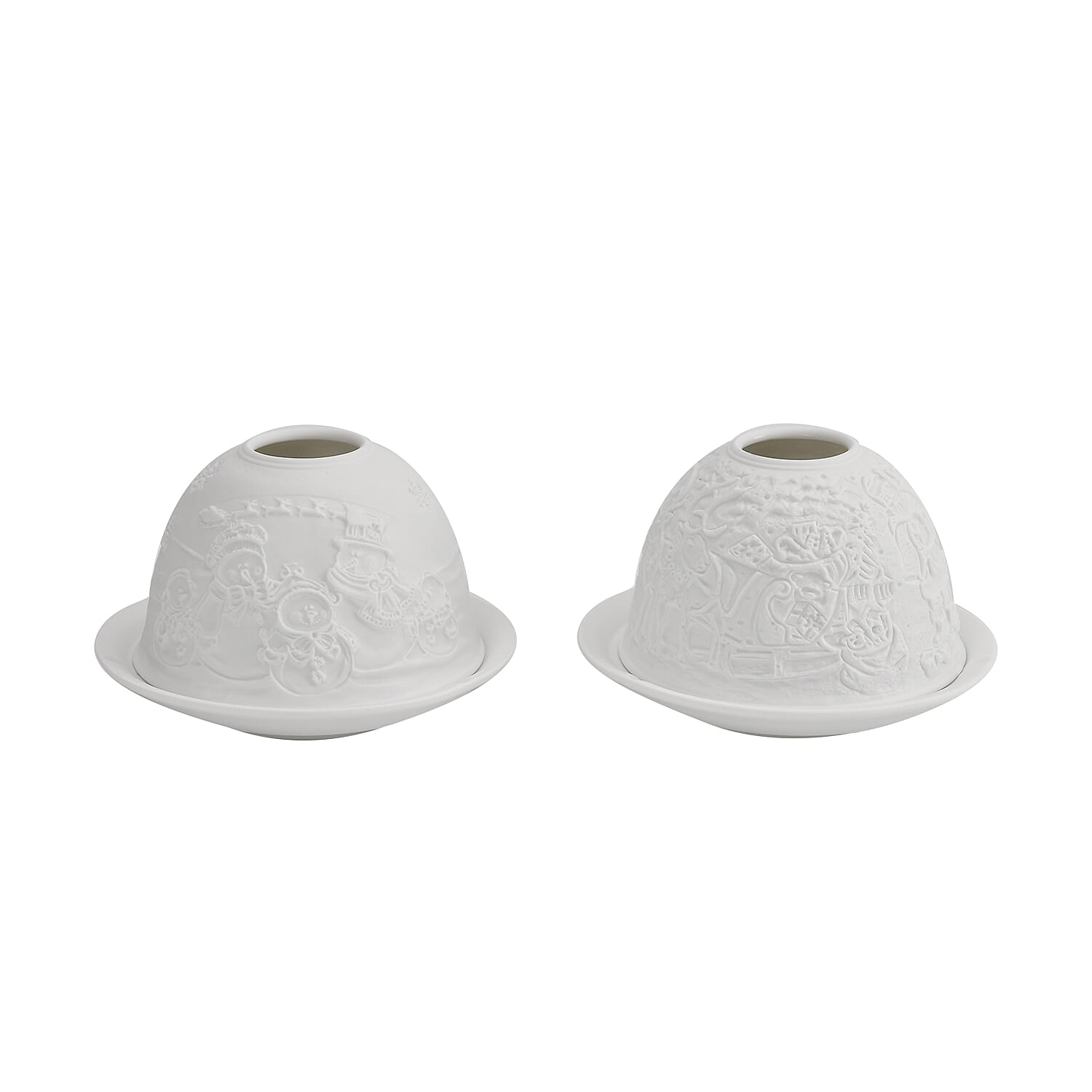 Set of 2 Snowmen Pattern Porcelain Candle Holder With LED Light - White