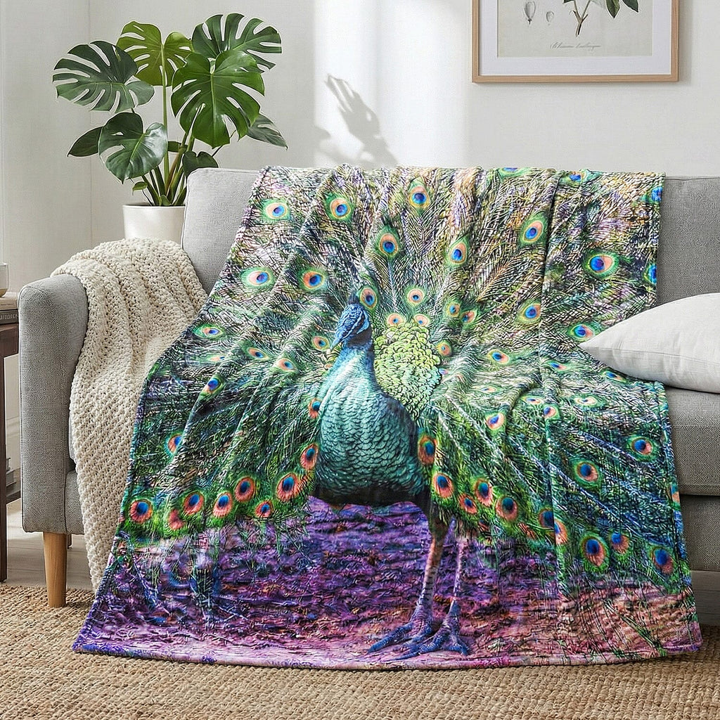 Digital printed flannel blanket with peacock pattern