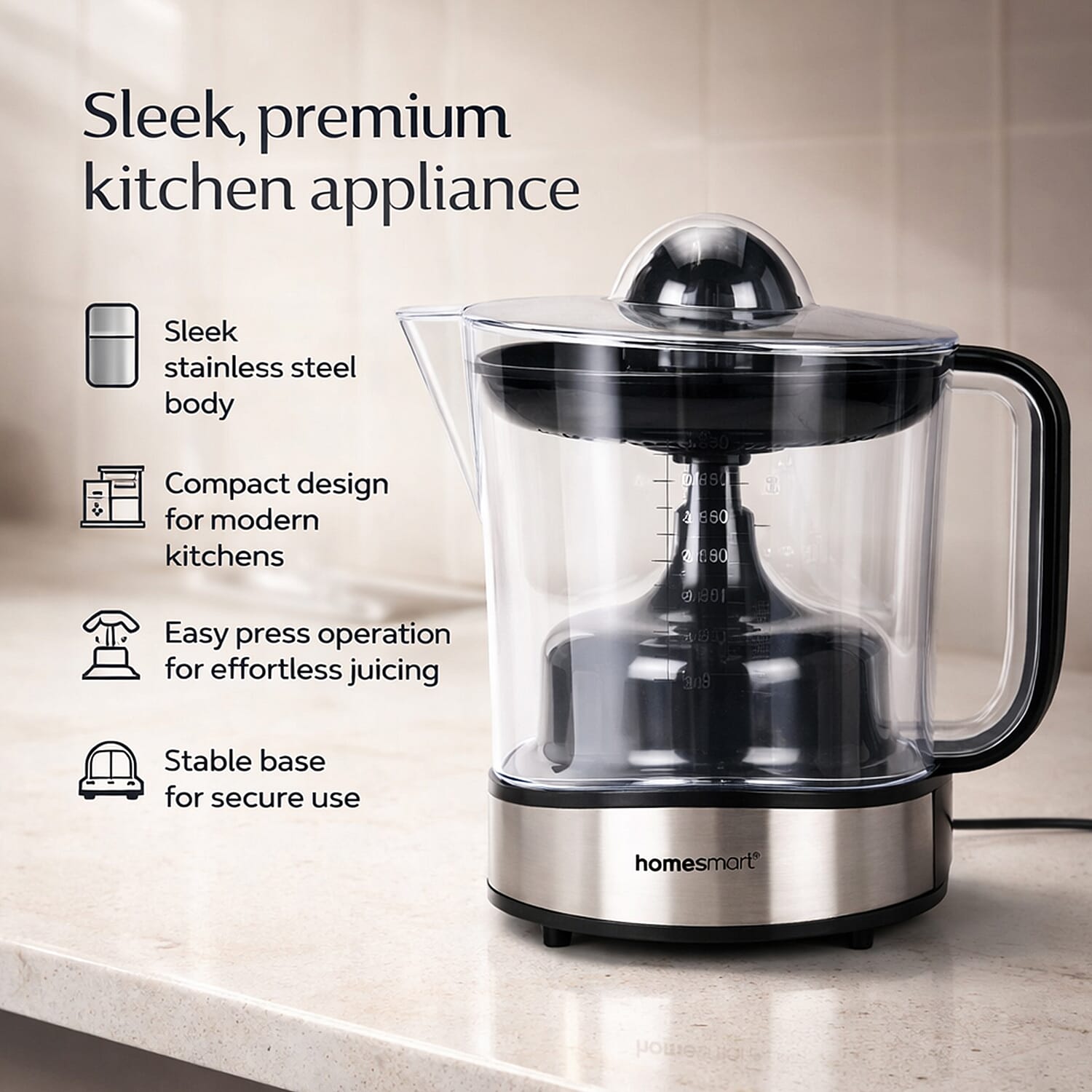 Homesmart Electric Juicer - 2 Squeezers, Pulp Filter, Large Jug, Anti Slip Feet
