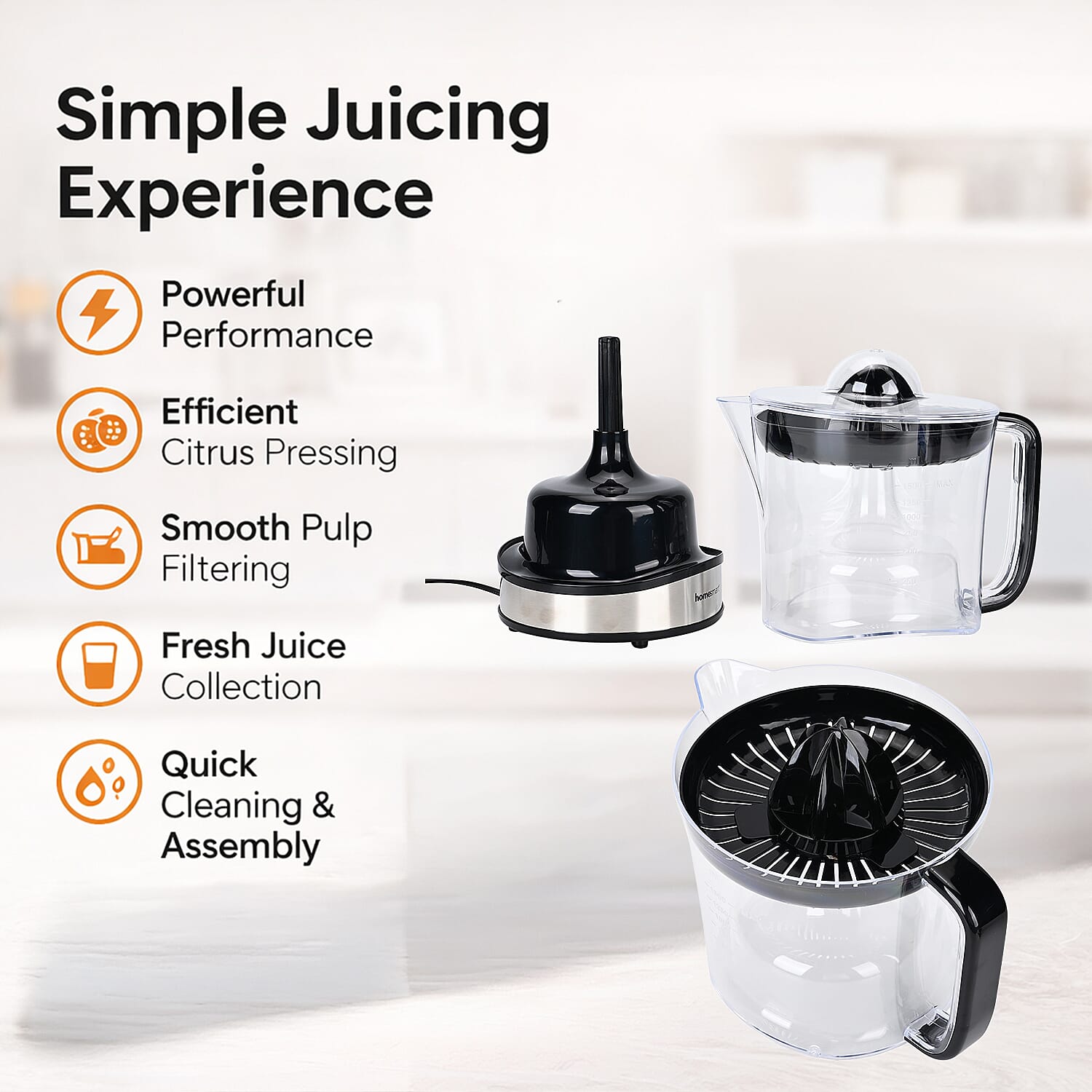 Homesmart Electric Juicer - 2 Squeezers, Pulp Filter, Large Jug, Anti Slip Feet