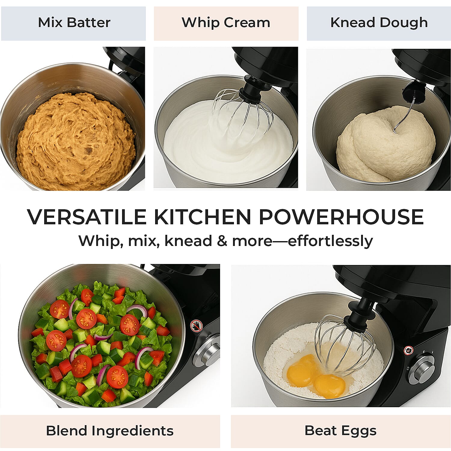 Multifunctional Electric Stand Mixer with 3 Attachments (4.5L stainless steel bowl , Power 800W) - Black