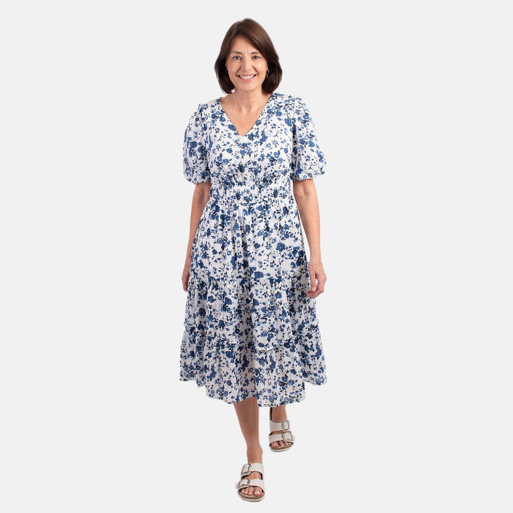 MITZY 100% Viscose Floral Dobby Spot Dress (Size 12) - Blue_7843237