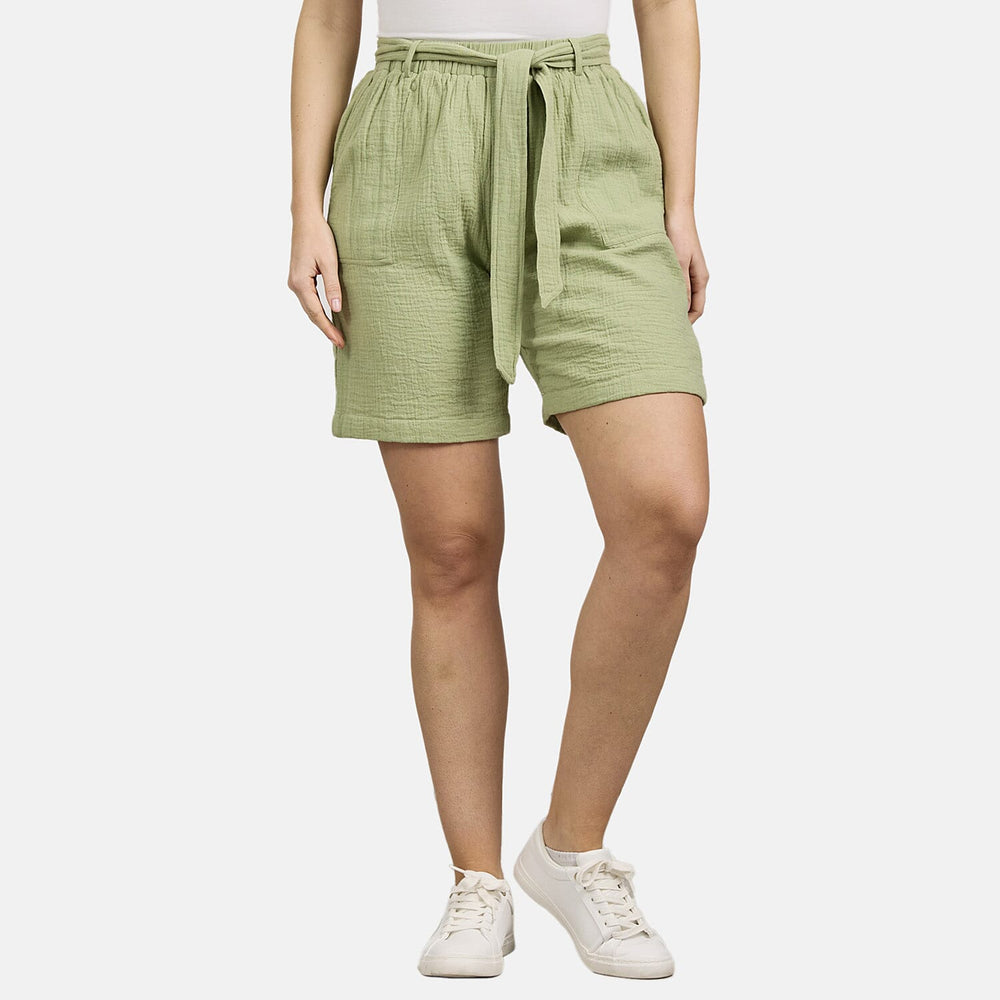 Mudflower 100% Cotton Knee-length Belted Shorts (Size 12) - Green