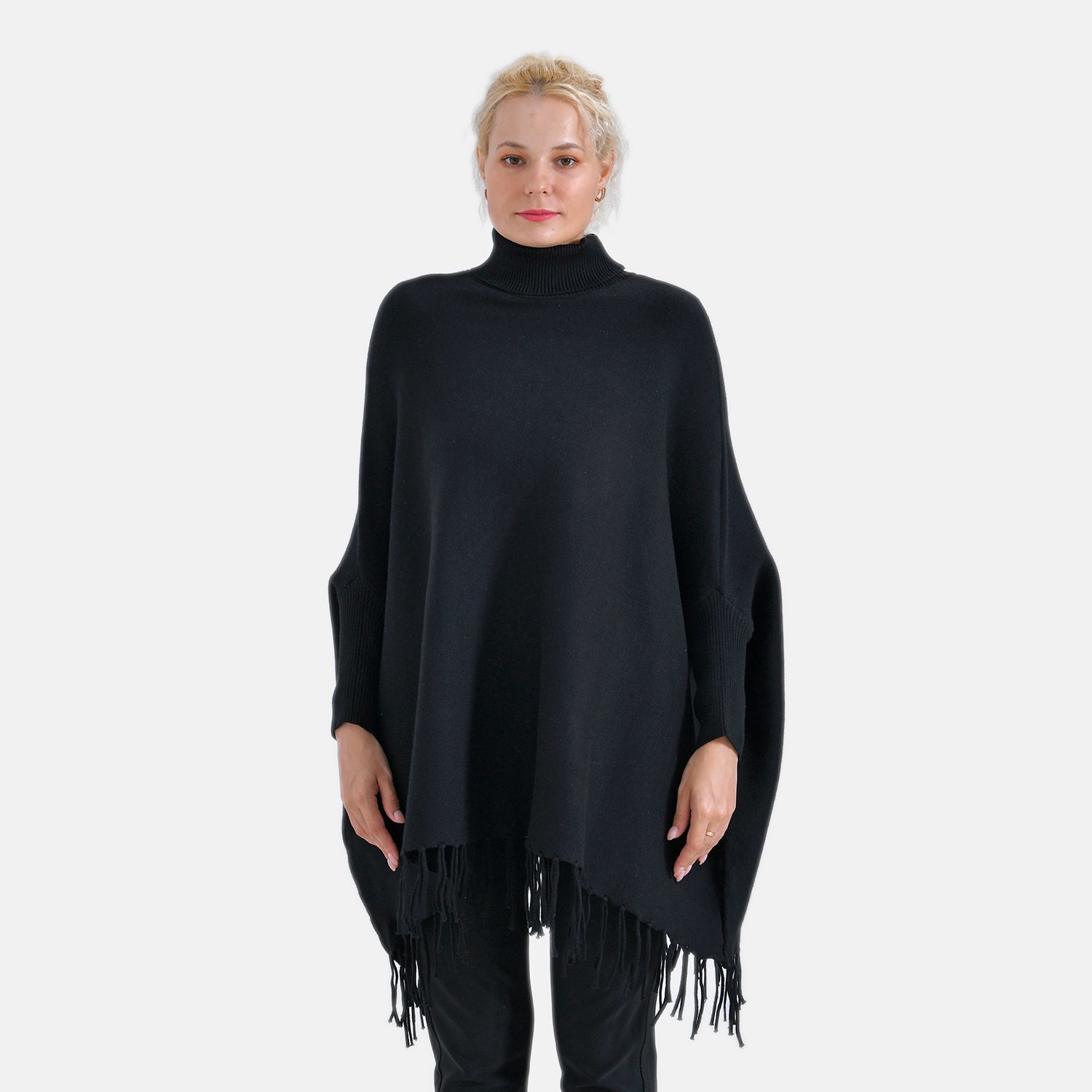 La Marey High Tie Tassel Poncho (One Size) - Black_7848450