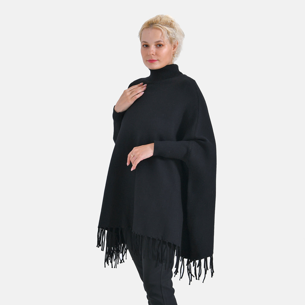 La Marey High Tie Tassel Poncho (One Size) - Black_7848450_2