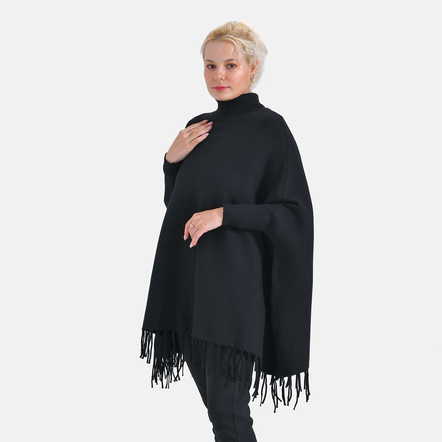 La Marey High Tie Tassel Poncho (One Size) - Black_7848450_2