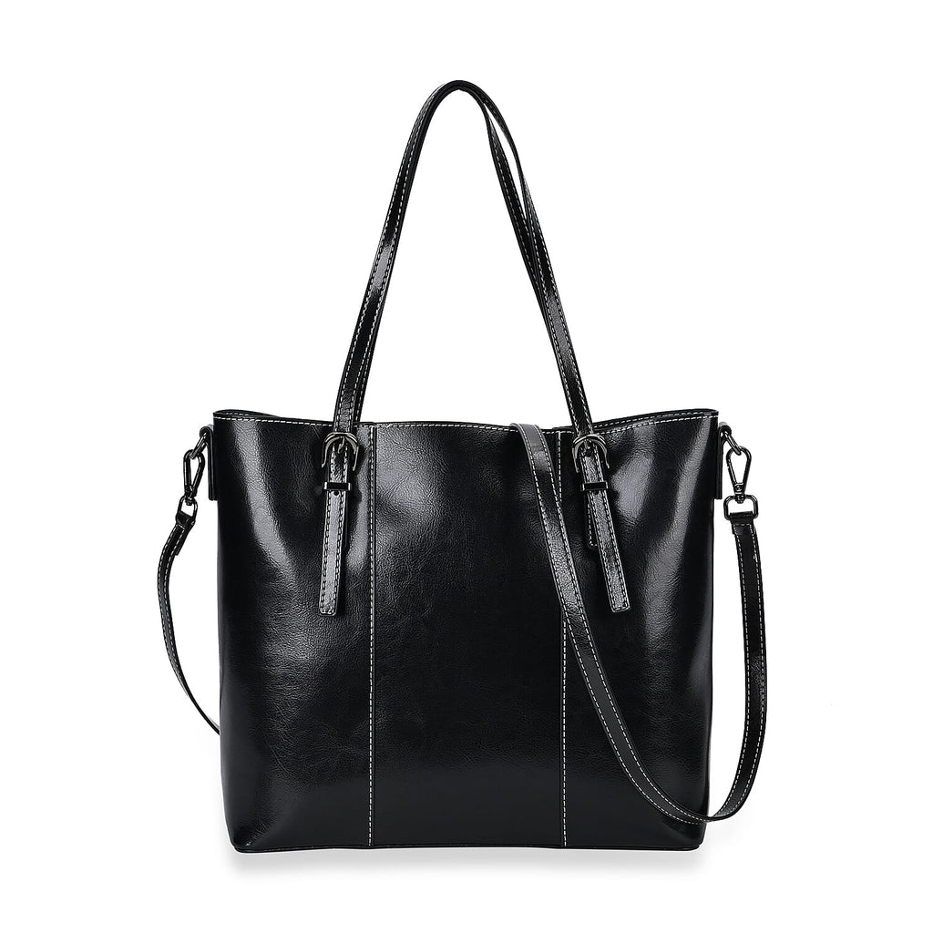 Stylish Genuine Leather Everyday Tote Bag with Adjustable Strap - Black