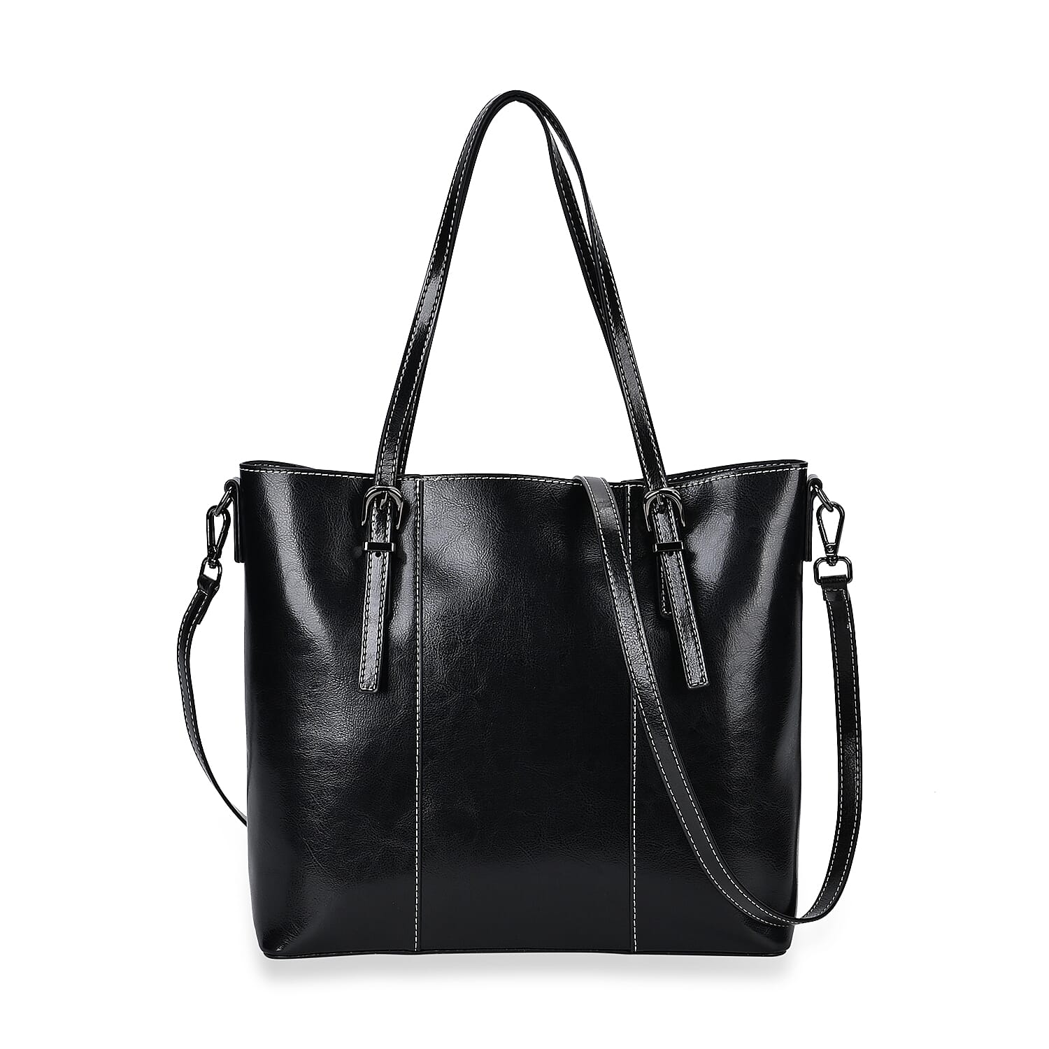 Stylish Genuine Leather Everyday Tote Bag with Adjustable Strap - Black