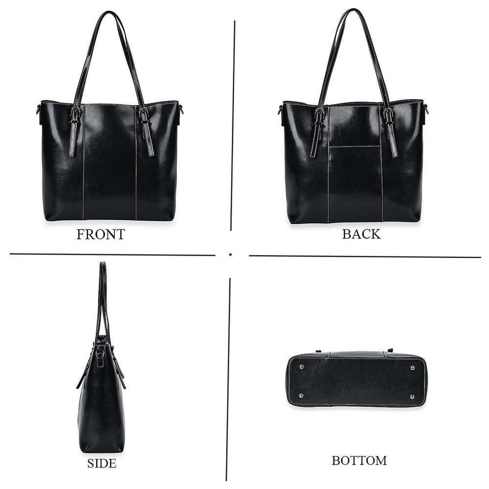Stylish Genuine Leather Everyday Tote Bag with Adjustable Strap - Black