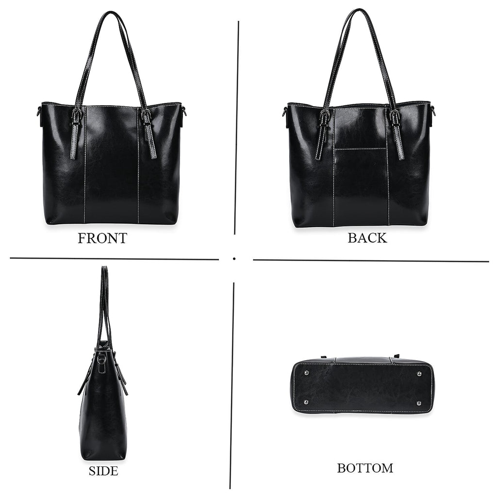 Stylish Genuine Leather Everyday Tote Bag with Adjustable Strap - Black
