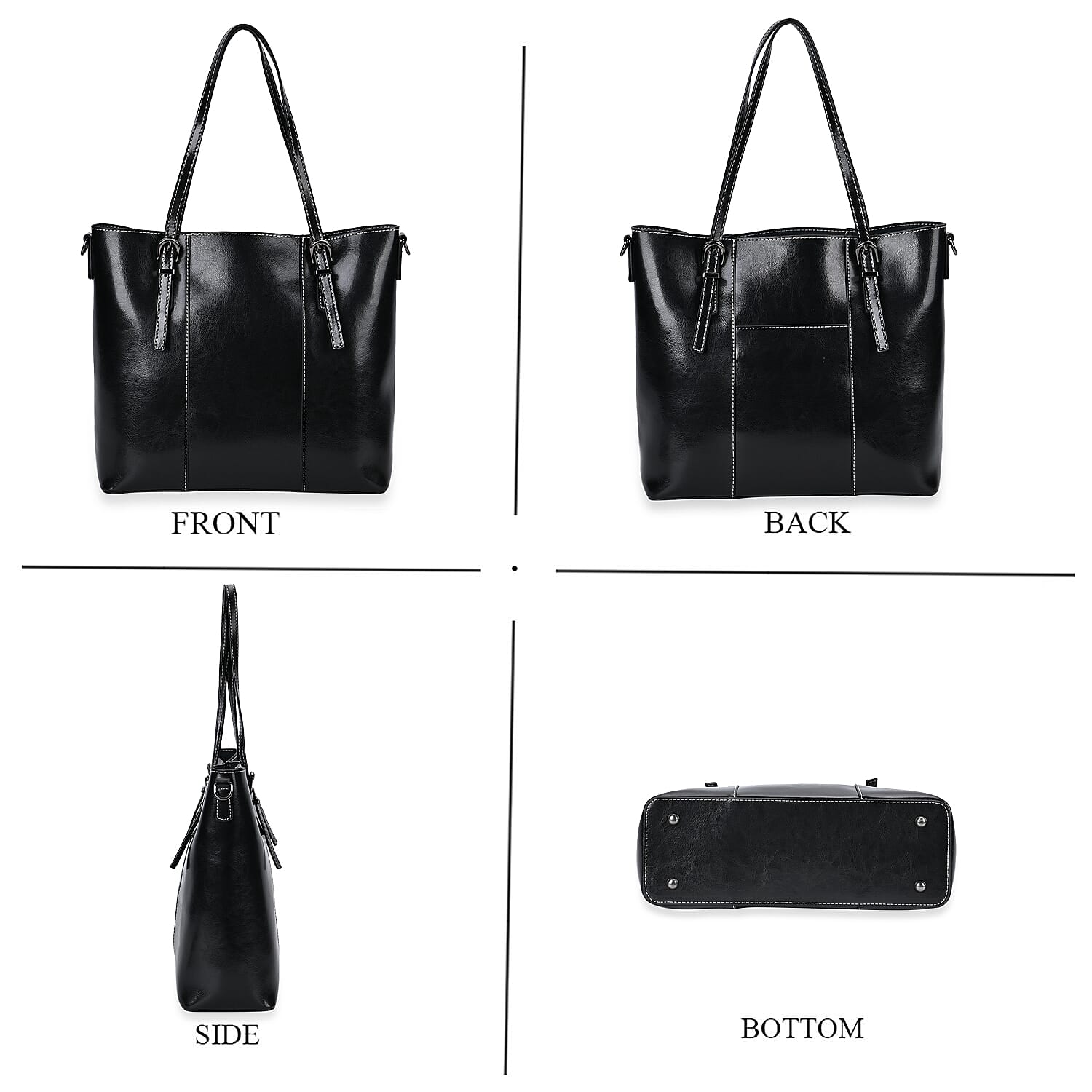 Stylish Genuine Leather Everyday Tote Bag with Adjustable Strap - Black