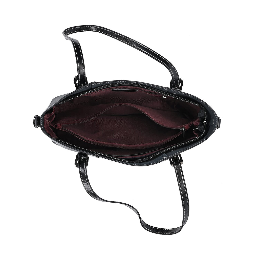 Stylish Genuine Leather Everyday Tote Bag with Adjustable Strap - Black