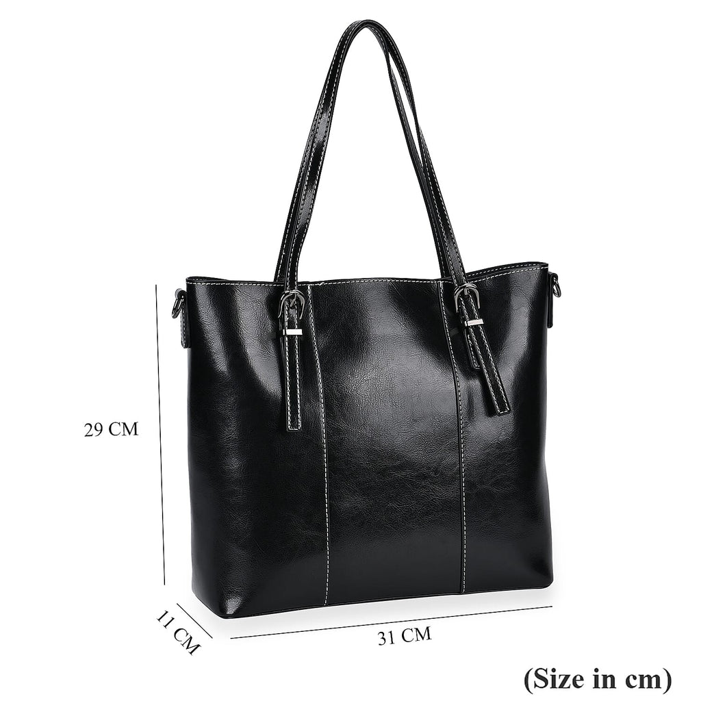 Stylish Genuine Leather Everyday Tote Bag with Adjustable Strap - Black