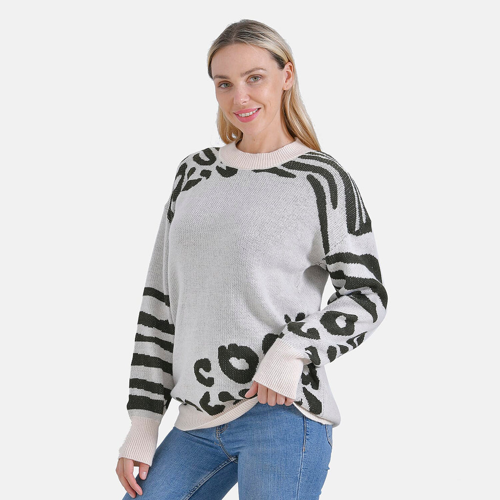 La Marey R-Neck Leopard Print Sweater - Beige (Size 8 to 14)