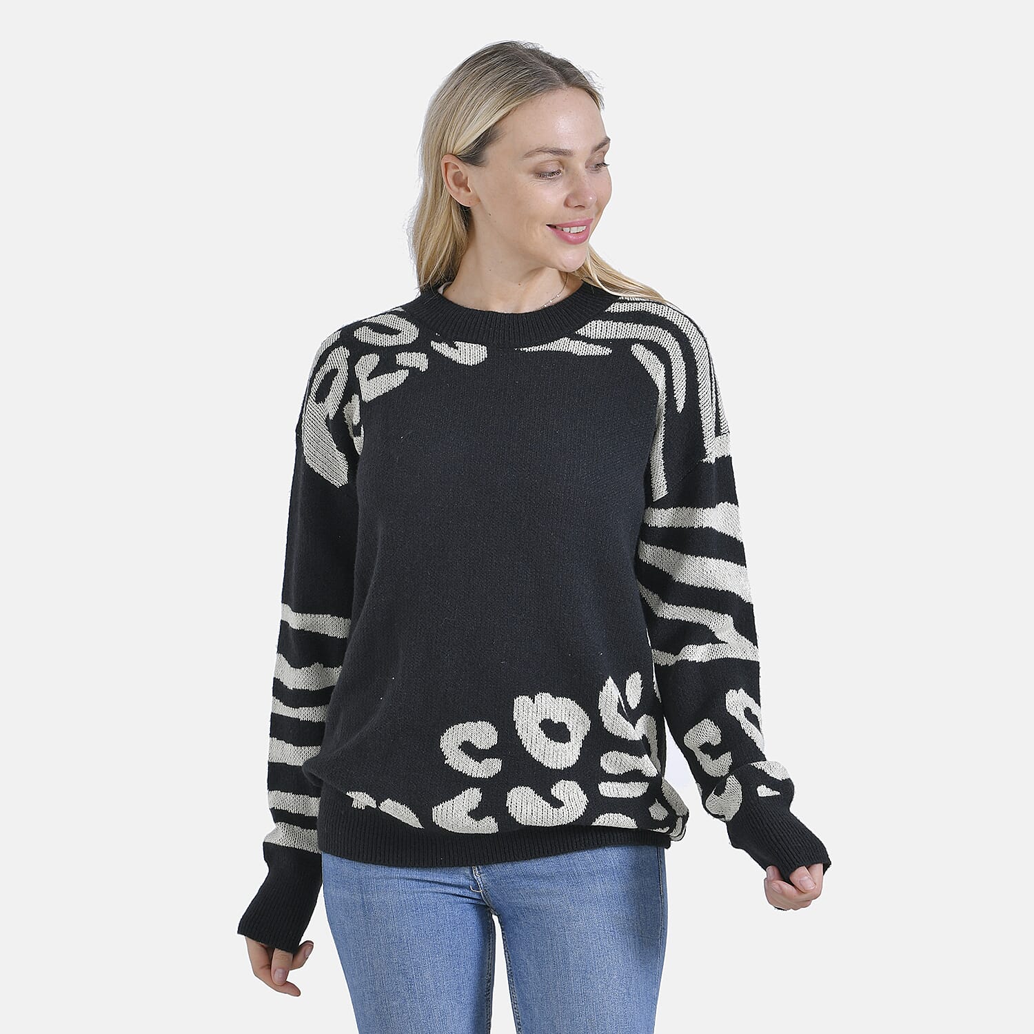 La Marey R-Neck Leopard Print Sweater - Black (Size 8 to 14)