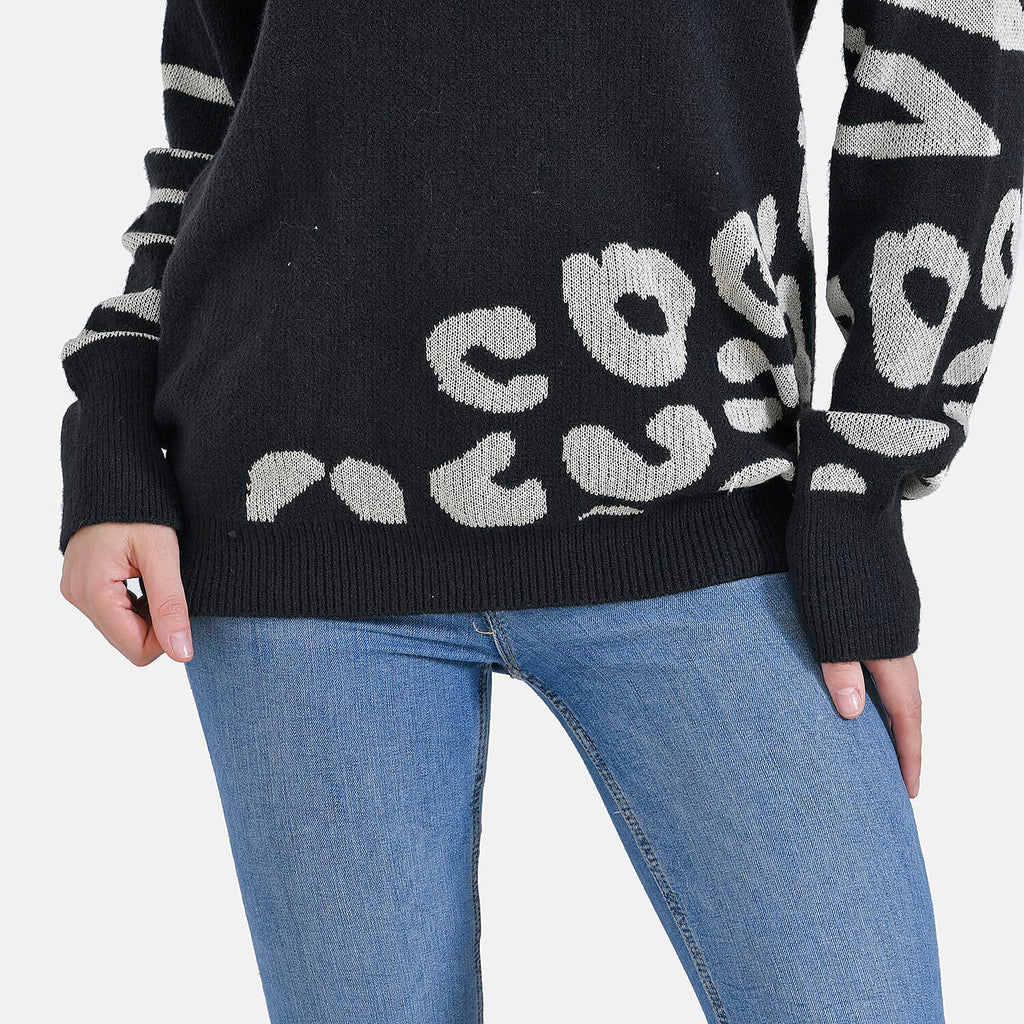 La Marey R-Neck Leopard Print Sweater - Black (Size 8 to 14)