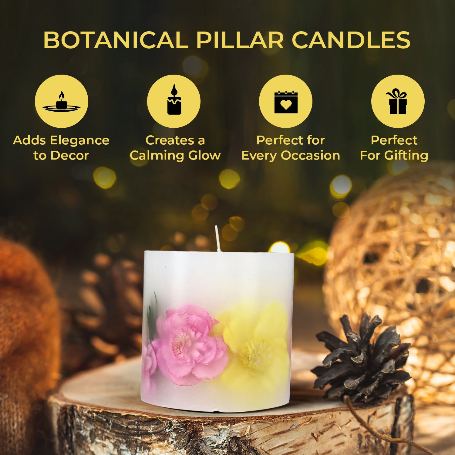 Botanical Pillar Candle with Floral Design (440 Gms) - Multi Colour - 440gms (Burn time - 60Hrs)_7853531_3