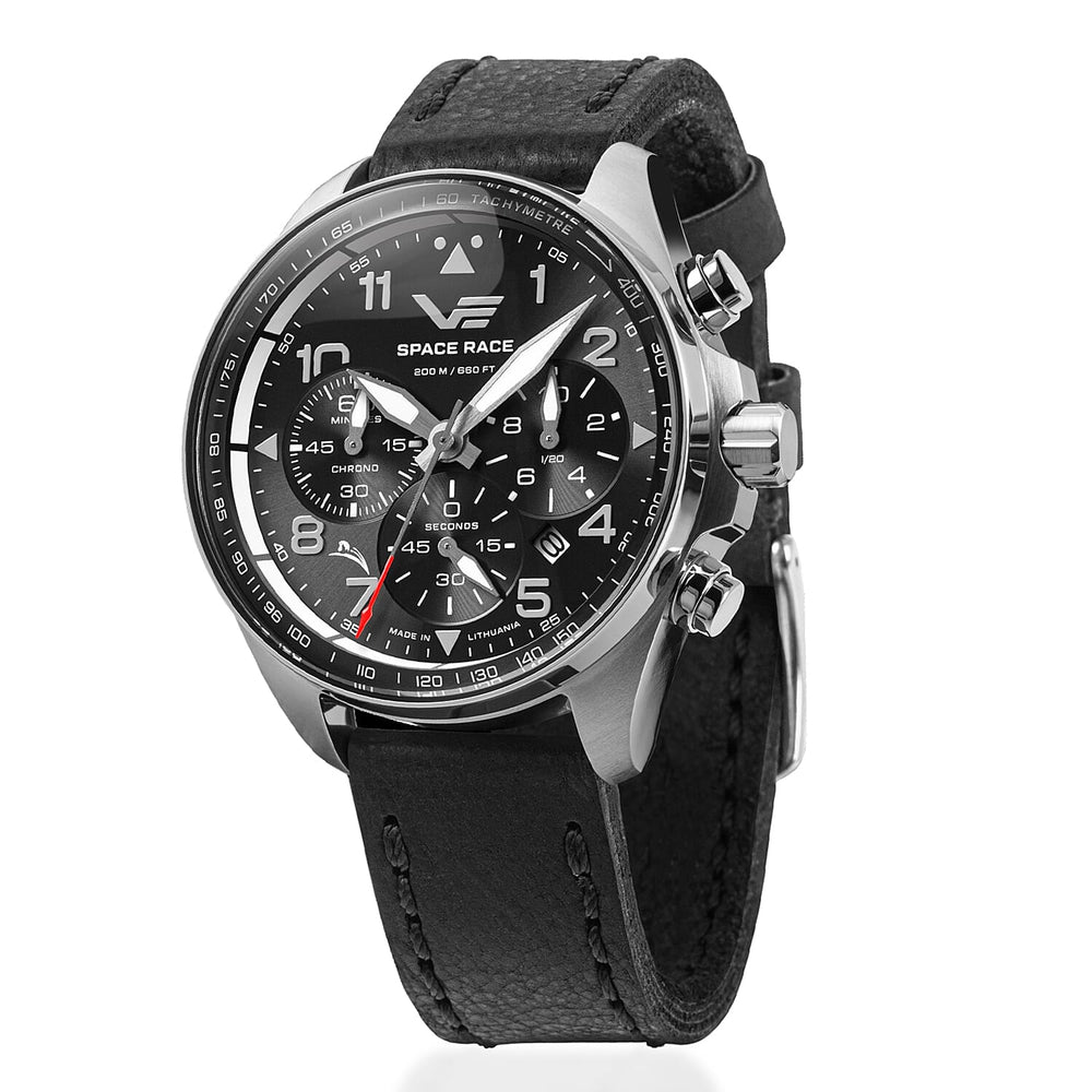VOSTOK EUROPE Space Race Chronograph Movt. 20ATM WR Mens Watch with Black Genuine Leather Strap - Black Silver