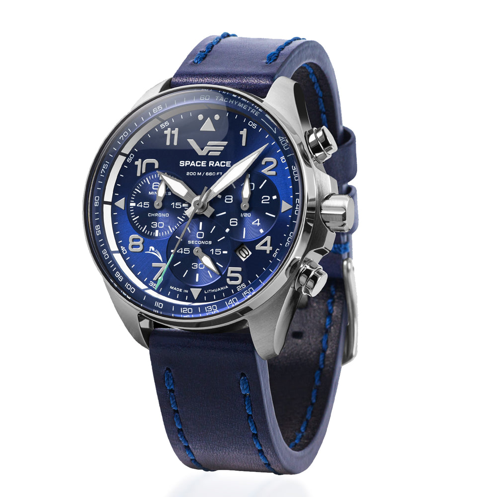 VOSTOK EUROPE Space Race Chronograph Movt. 20ATM WR Mens Watch with Blue Genuine Leather Strap - Blue_7857101